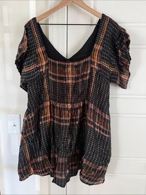 Free People Black Plaid Tunic with Metallic Copper Accents